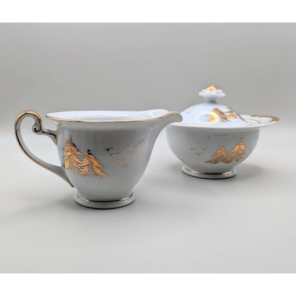 Kutani cream sugar set RARE PATTERN Japanese gold white pagoda bridge mountains